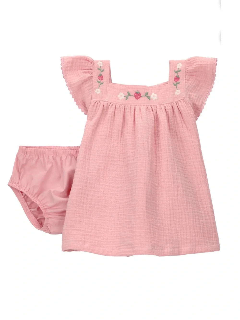 Carter's Pink Strawberry Embroidered Baby Dress & Bloomers Set